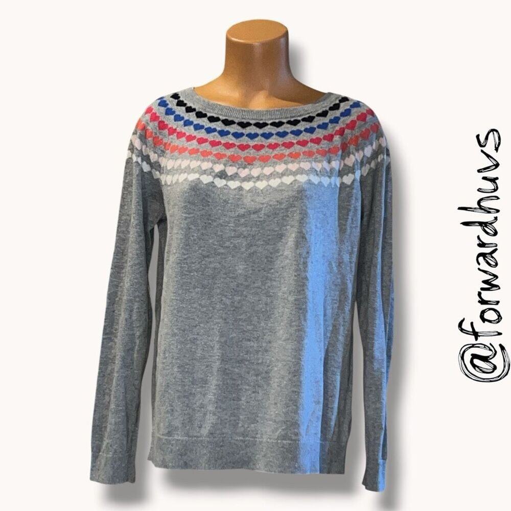 Talbots Petites Heart Fair Isle Sweater Gray Petite XL